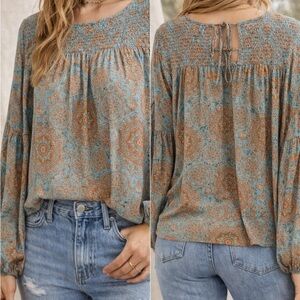 Stetson Boho Peasant Blouse Large Blue Paisley Smocked Flowy Romantic Top